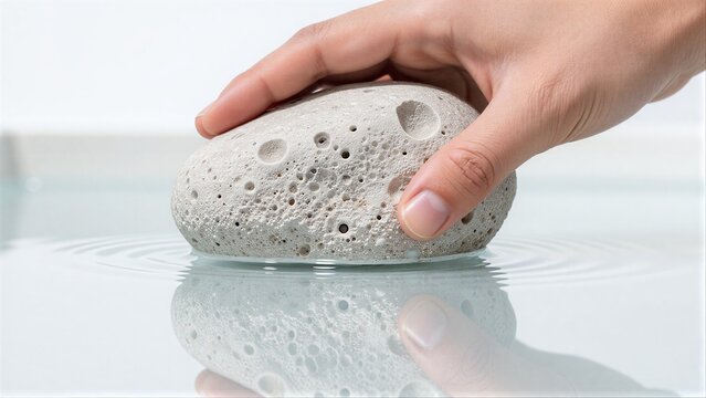 Hand gently places porous stone into calm water, creating subtle ripples.
