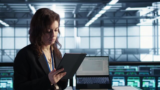 Inside a server room, system administrators work through automation tools using tablet, with intelligent systems and AI operations guiding the task.