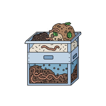 Vector Icon Compost bin with worms and organic matter illustration. EPS Editable