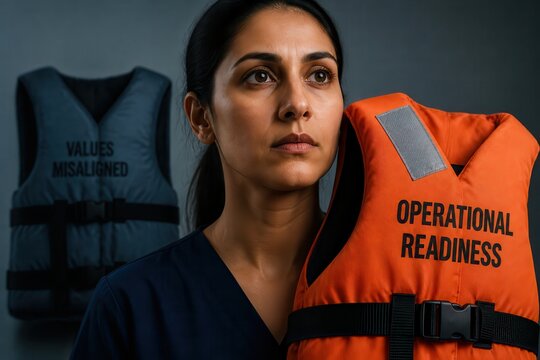Woman holding safety vest beside contrasting message in a workplace concept portrait