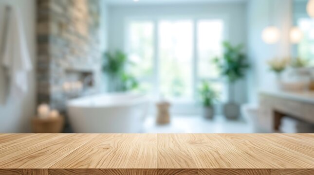 Wooden Tabletop Surface with Blurred Luxury Bathroom Interior Background for Product Placement and Display Mockup Banner