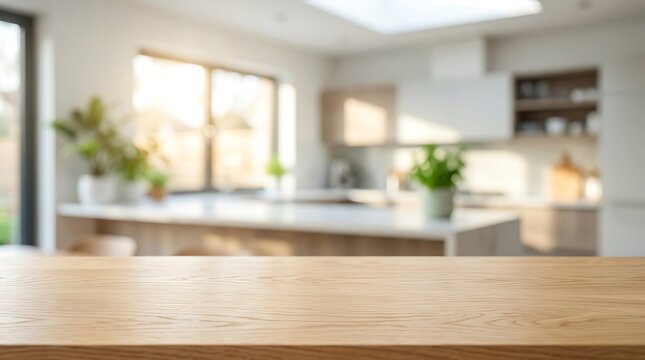 Wooden Table In Blurred Kitchen Background For Product Display Presentation On Modern Light Sunny Interior Countertop.