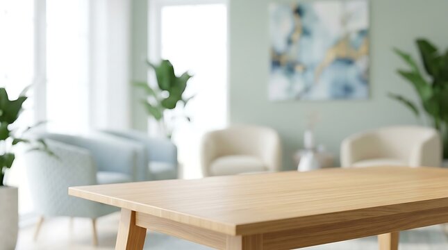 Empty Wooden Table Surface with Blurred Modern Living Room Interior Background for Product Placement Mockup Designs.