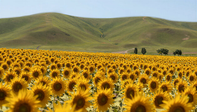 Sunflower Field Temperate Hills Panorama
