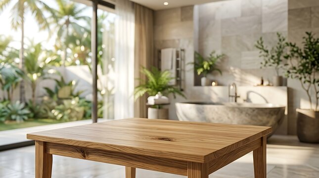 Wooden Table Mockup in Luxury Bathroom Interior with Tropical Garden View for Spa Product Presentation and Display.