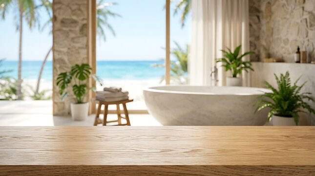 Wooden Tabletop Product Mockup in Tropical Bathroom Luxury Spa Interior with Ocean View Background for Cosmetics.