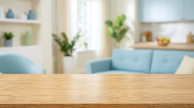 Empty Wooden Table Top Surface with Blurred Modern Living Room Background for Product Display and Interior Mockup Frame.