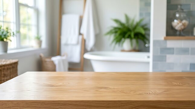 Empty Wooden Tabletop Background with Blurred Modern Bathroom Interior for Spa Product Display and Mockup Presentation