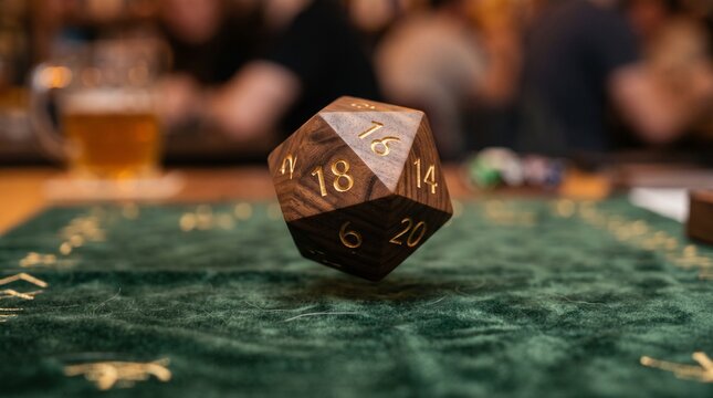 Close up of wooden twenty sided dice rolling on green velvet gaming mat