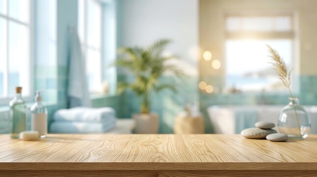 Wooden Tabletop in Blurred Spa Bathroom Background for Product Mockup Display with Natural Sunlight and Zen Wellness