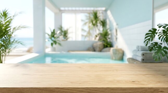 Empty wooden table surface for product display with blurred tropical beach spa pool and ocean view background banner.