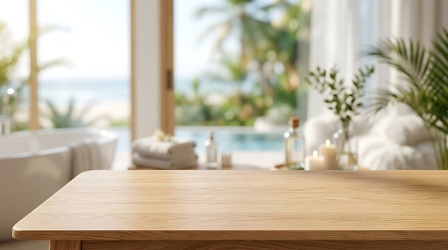 Empty wooden table top in luxury spa bathroom background with beach ocean view for product display mockup presentation