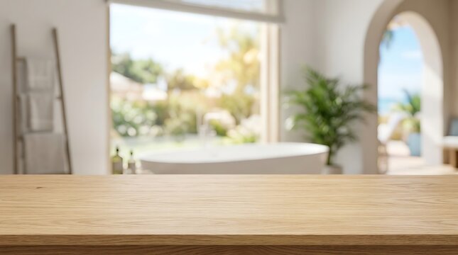 Empty Wood Table Surface with Blurred Luxury Bathroom Interior Background for Product Display Mockup and Presentation.