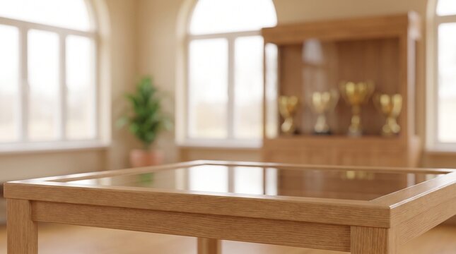 A bright room with a wooden table, large windows, and a display case holding golden trophies in the background.