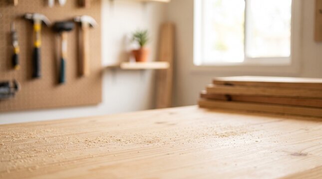 A wooden workbench covered in sawdust with tools hanging on a pegboard in a bright workshop.