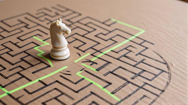 Chess knight navigates a cardboard maze, illuminated by glowing green pathways.