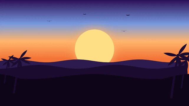 Minimalist vector illustration of a vibrant sunset over dark desert dunes with palm tree silhouettes and flying birds.