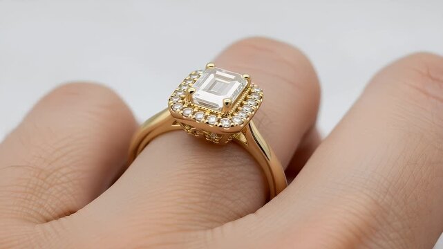 Elegant gold engagement ring featuring a sparkling emerald cut diamond center stone surrounded by a delicate halo of small round diamonds worn on a finger