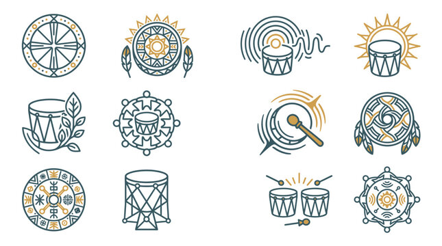 Tribal Drum Icons Set: Native American, Ethnic, Folk Music, Celebration Symbols