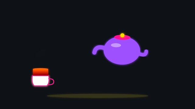 A floating purple teapot pours hot liquid during a lunar new year vegan banquet while steam rises from a small white cup in this animated sequence