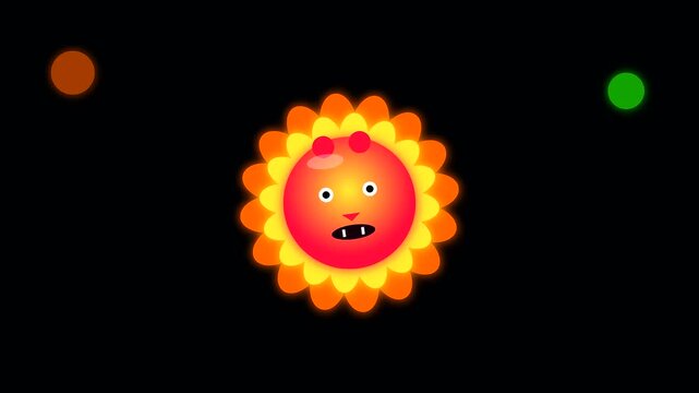 Animated sun faces float across black space during a festive lunar new year celebration featuring a vibrant vegan banquet themed display of glowing orange solar icons