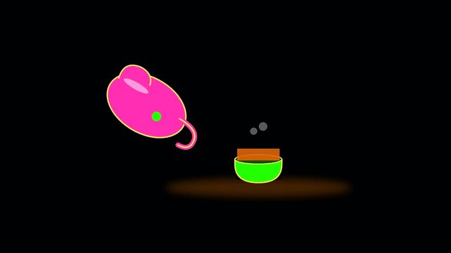 A whimsical pink animal cartoon character pours steaming liquid into a green bowl for a vegan banquet celebration during a vibrant lunar new year festival