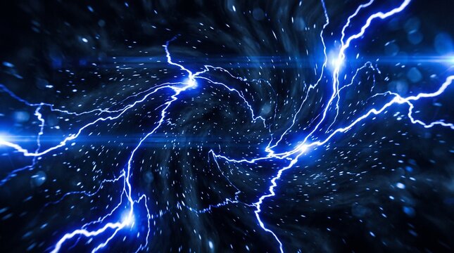 Abstract Blue Electric Lightning Discharge with Glowing Particles and Energy Vortex in Dark Space