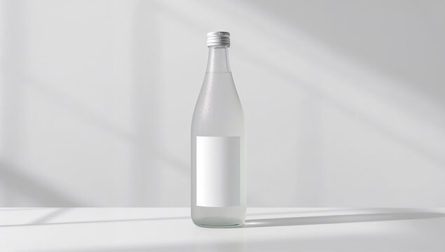 清涼感漂う白の空間に立つフロスト加工の無地ラベル半透明日本酒瓶