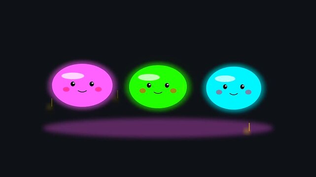 Three colorful glowing round sprites floating above a dark surface during a lunar new year vegan banquet celebration with vibrant neon bubbles dancing in rhythmic motion