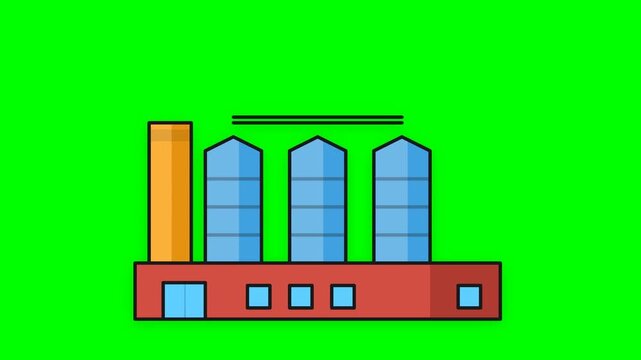 Animated Factory Building with Silos and Chimney on Green Screen Background.
