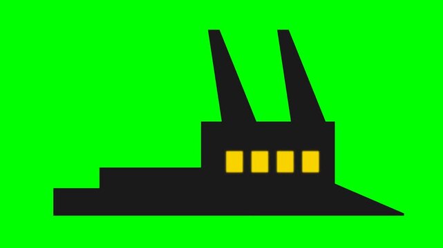 Simple black factory silhouette with smokestacks on green background.