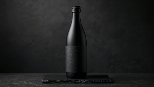 ダークグレーの落ち着いた和の空間に佇むマットブラックの高級日本酒瓶