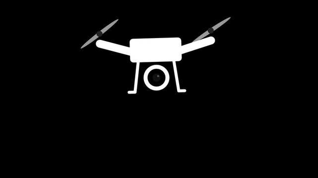 White drone icon flying on black background with camera.