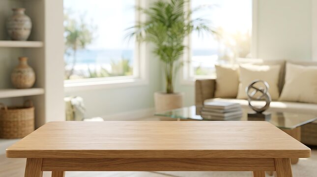 Empty wooden table for product placement in bright coastal living room with beach ocean view for interior mockup