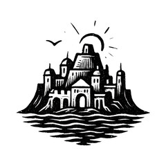 Obraz premium PNG Monochrome coastal cityscape illustration.