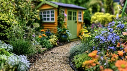 Fototapeta premium A small garden path connects a model house to a tiny studio module. Bright flowers and lush plants fill the space.