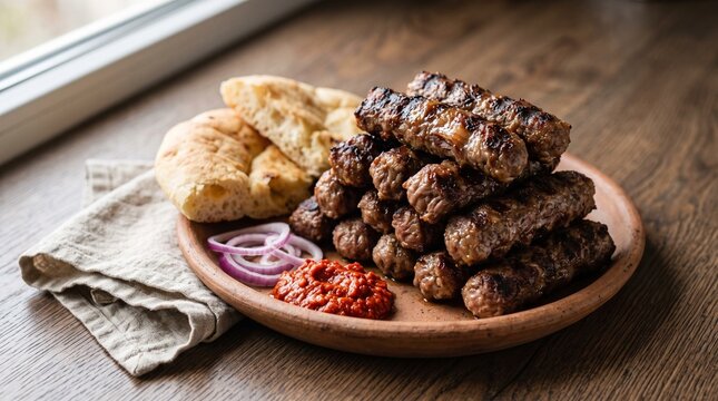 Traditional Macedonian Kebapi Grilled Meat Roll Stack