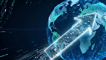 Naklejka premium Global tech growth symbolized by circuit arrow soaring over digital Earth.