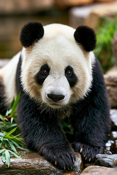 Close-up of a panda bear in its natural habitat