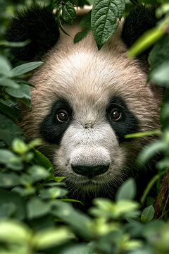 Panda bear peering through lush foliage in the forest