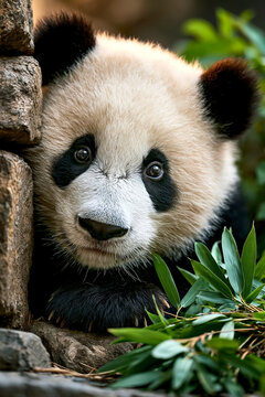 Cute panda bear peeking through rocks in natural habitat