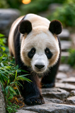 Giant panda bear in natural habitat close-up