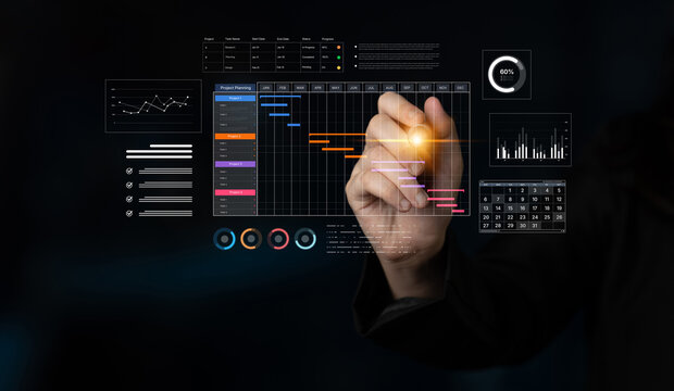 A project management dashboard for business. The interface features a Gantt chart to visualize the project timeline, task scheduling, and overall progress for efficient workflow. Fermion