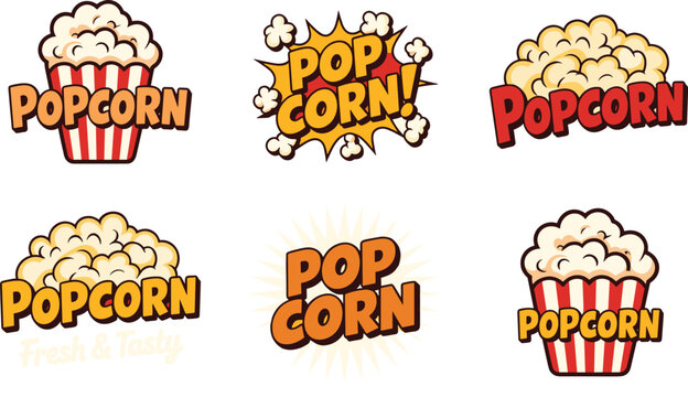Popcorn badges flat vector illustration. Striped paper buckets, explosion bubbles, and bold text layouts create a retro cinema snack logo set.