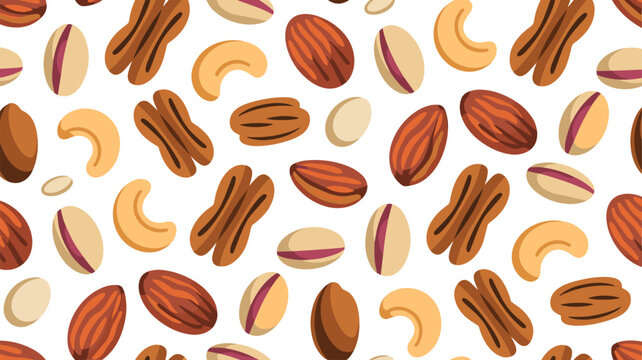 Edible nuts pattern flat vector illustration. Almonds, pecans, pistachios, and cashews form a repeating seamless organic snack food design.