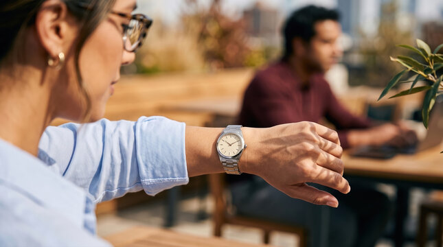 Businesswoman checking watch during outdoor cafe meeting