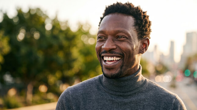 Smiling man outdoors in city during golden hour