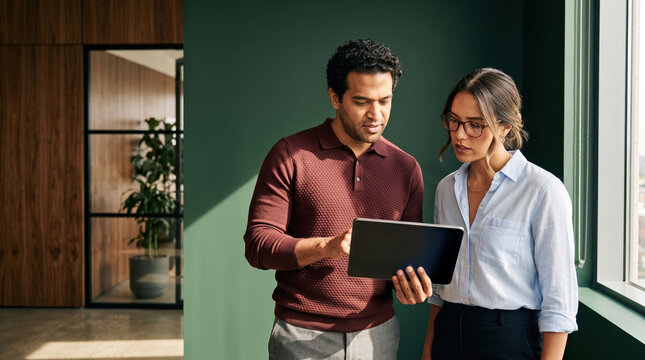 Business professionals discuss project details on tablet in office