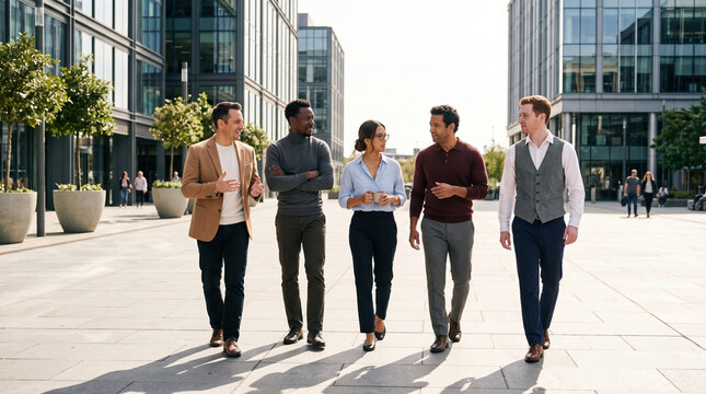 Business professionals discuss strategy while walking in city