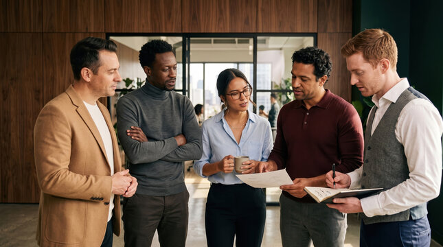 Diverse business team review project details in modern office